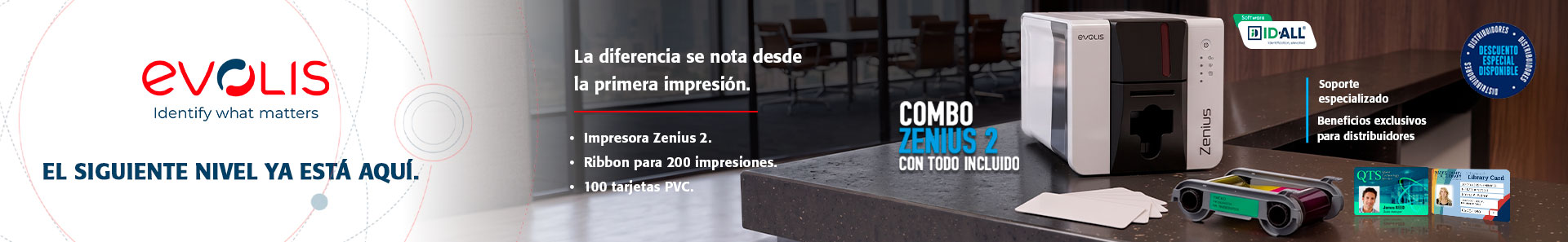 Combo Evolis Zenius 2 Classic con ribbon, software ID-ALL y 100 tarjetas PVC